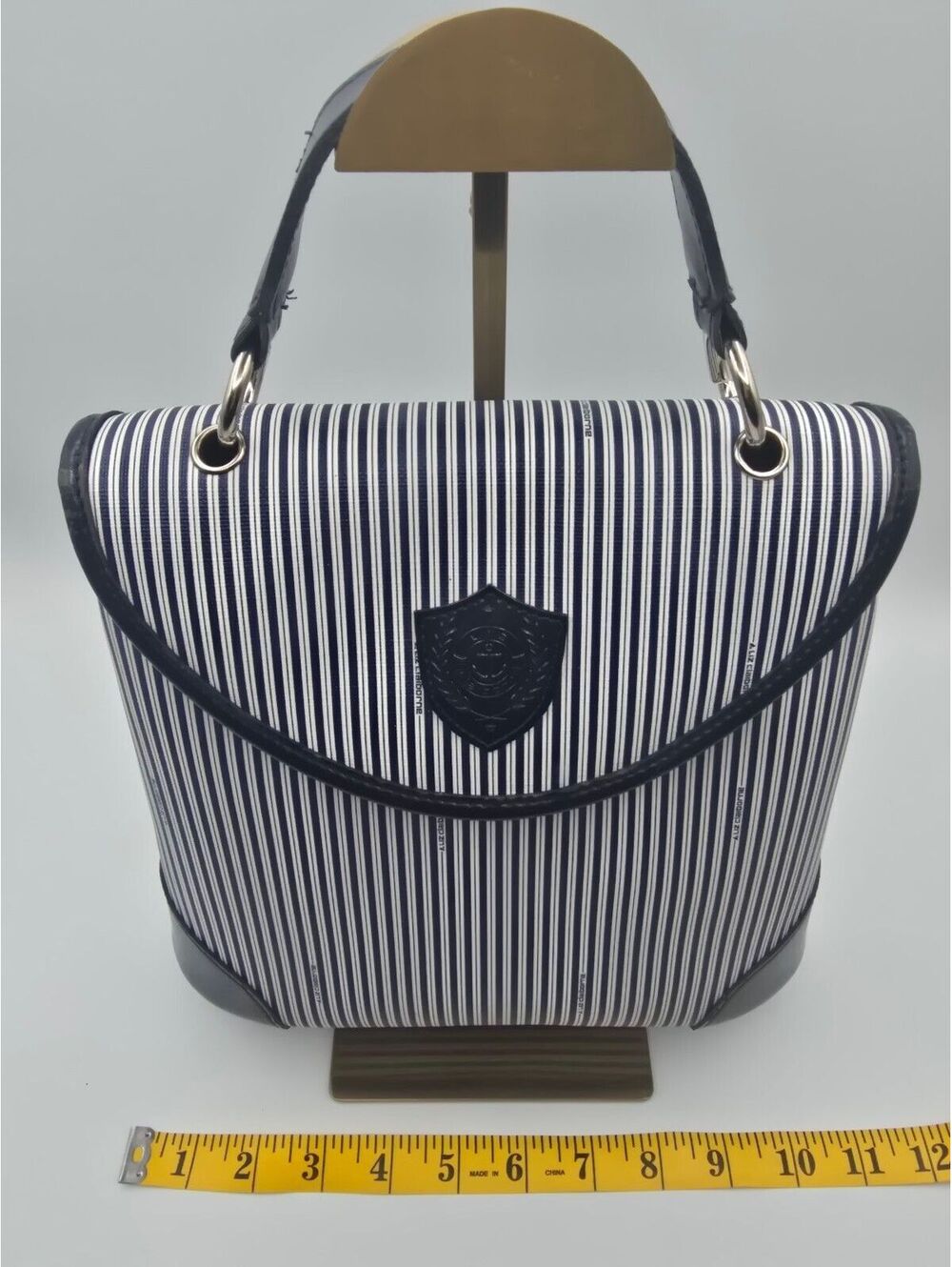 Vintage LIZ by Liz Claiborne Navy & White Striped Faux Leather Nautical Handbag - Picture 4 of 14